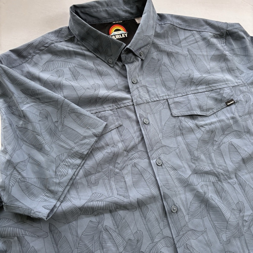Hurley XXL Floral‎ Printed Utility Button Down Shirt Blue/Gray Banana Leaf Surf